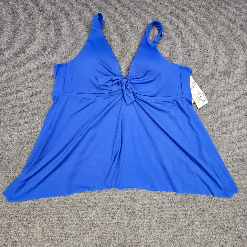 Becca ETC Tankini Top Womens 1X Blue Tie Front Swimsuit Swimwear NEW